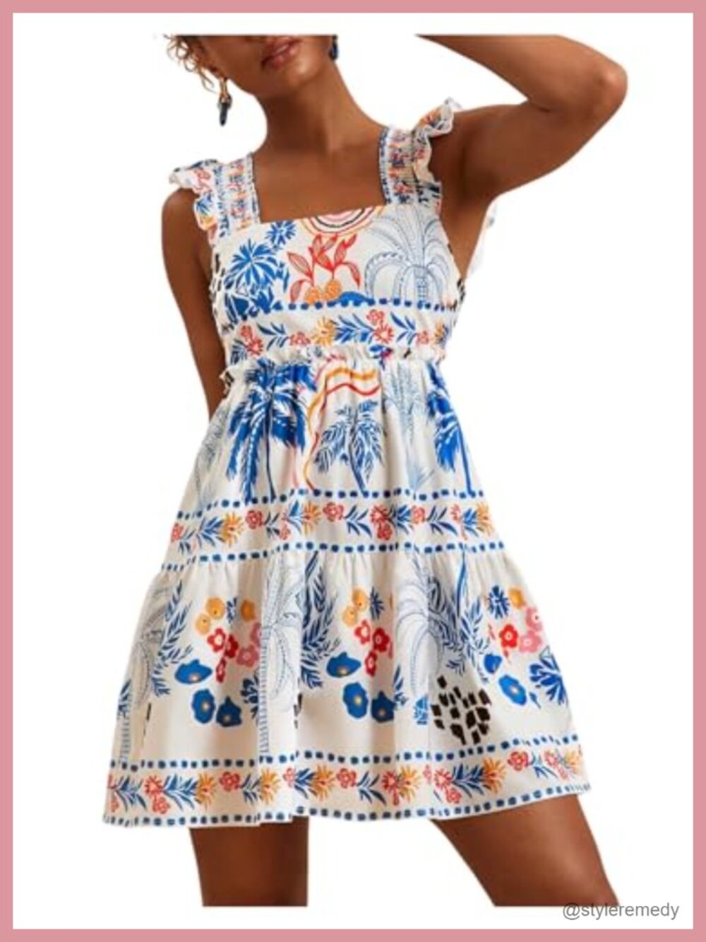 Women's Tropical Floral Graphic Mini Sundress Square Neck Sleeveless